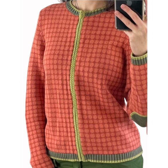 Talbots Sweaters - Talbots Womens Cardigan Sweater L Orange/Green Checkered Pattern Elbow patches